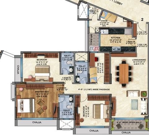 Floor plan of 3 BHK 1610 Sq. Ft. Apartment in Rustomjee Le Reve, Mumbai