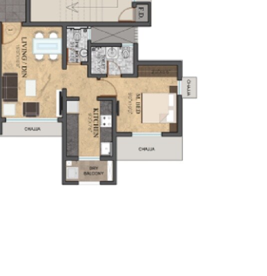 Floor plan of 1 BHK 741 Sq. Ft. Apartment in Rustomjee Meridian, Mumbai