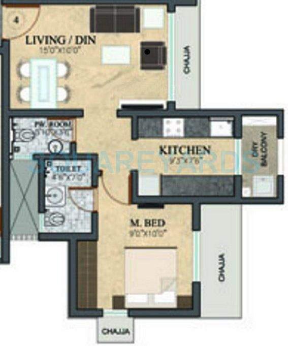 Floor plan of 1 BHK 666 Sq. Ft. Apartment in Rustomjee Meridian, Mumbai