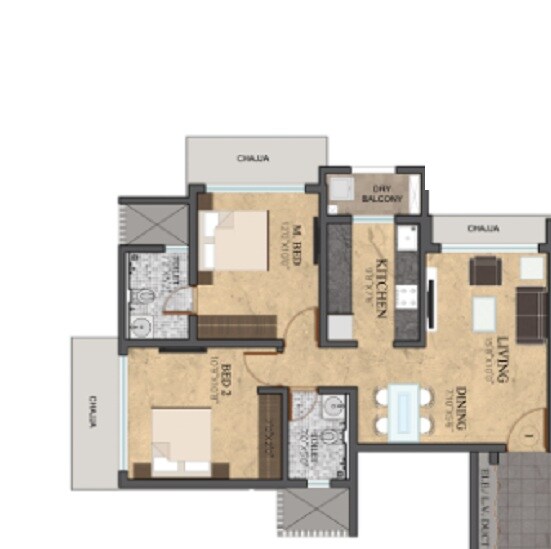 Floor plan of 2 BHK 1091 Sq. Ft. Apartment in Rustomjee Meridian, Mumbai