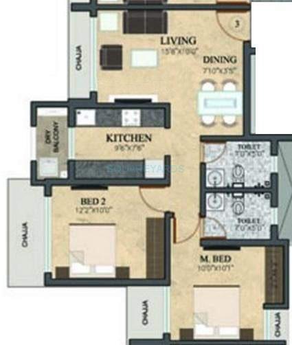 Floor plan of 2 BHK 1056 Sq. Ft. Apartment in Rustomjee Meridian, Mumbai