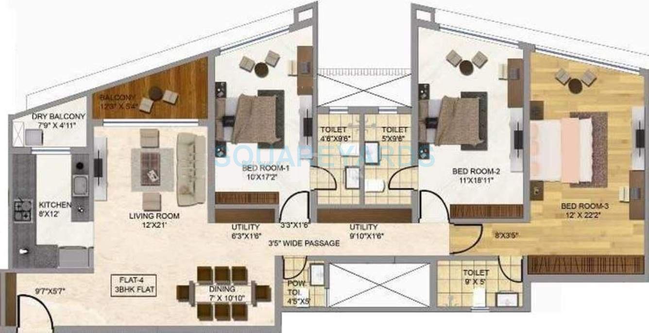 Floor plan of 3 BHK 2538 Sq. Ft. Apartment in Rustomjee Oriana, Mumbai