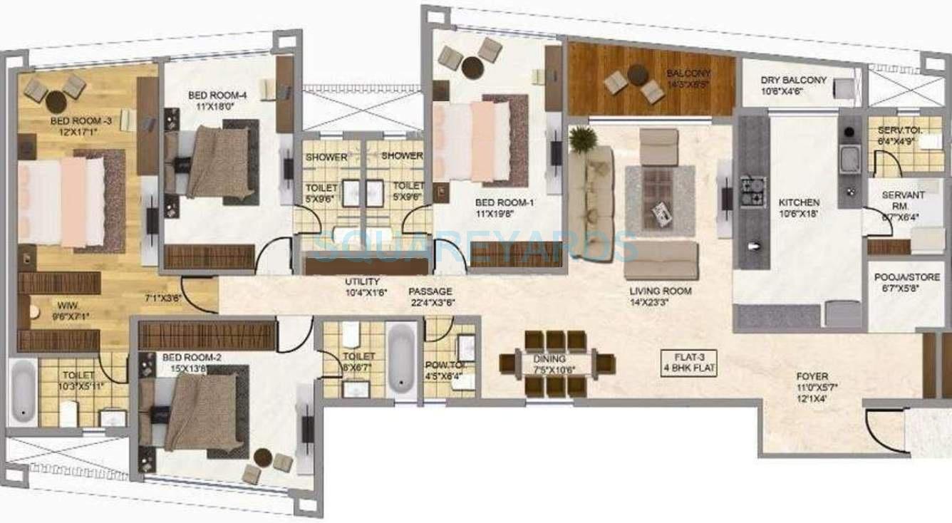 Floor plan of 4 BHK 2809 Sq. Ft. Apartment in Rustomjee Oriana, Mumbai