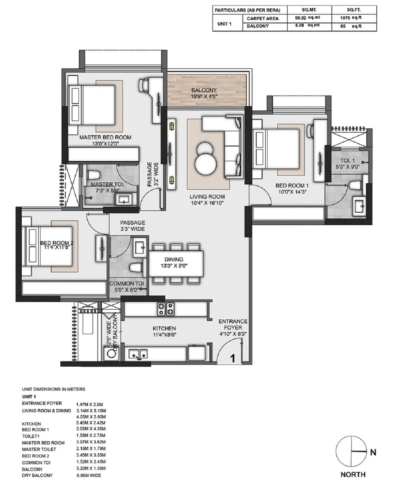 Floor plan of 3 BHK Apartment - 1076 sq. ft. in Rustomjee Paramount, Mumbai