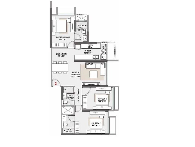 Floor plan of 3 BHK Apartment - 1272 sq. ft. in Rustomjee Paramount, Mumbai