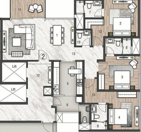 Floor plan of 3 BHK Apartment - 1291 sq. ft. in Rustomjee Paramount, Mumbai