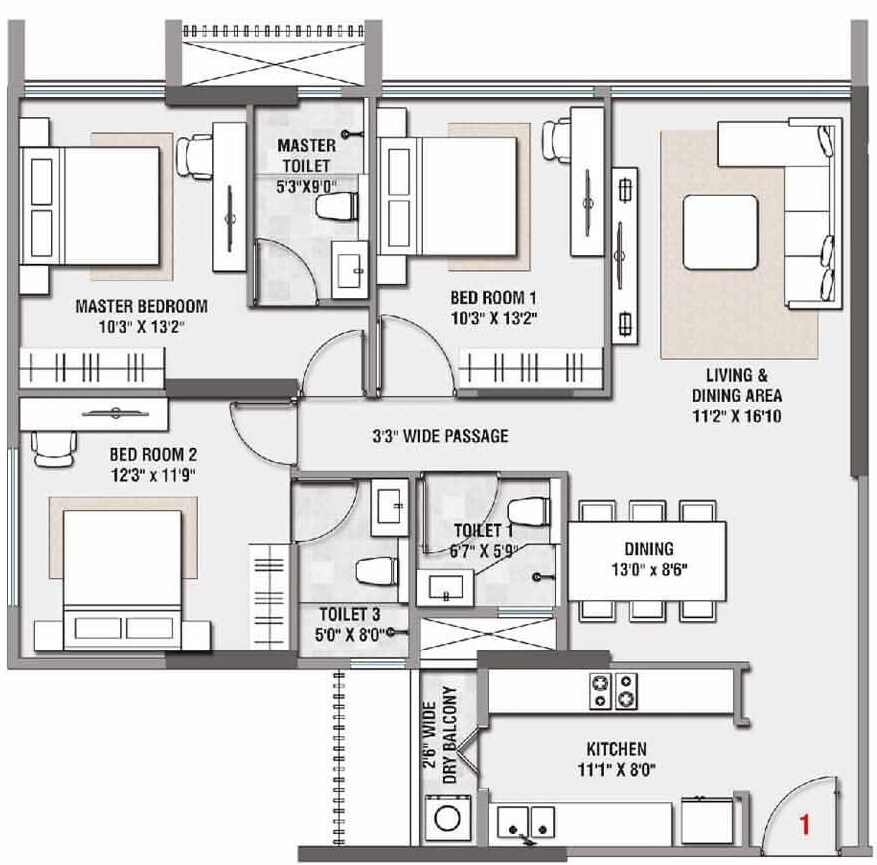Floor plan of 3 BHK Apartment - 1340 sq. ft. in Rustomjee Paramount, Mumbai