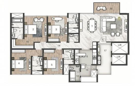 Floor plan of 4 BHK Apartment - 1730 sq. ft. in Rustomjee Paramount, Mumbai