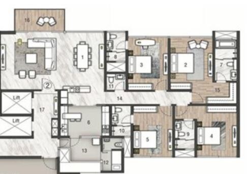 Floor plan of 4 BHK Apartment - 1862 sq. ft. in Rustomjee Paramount, Mumbai