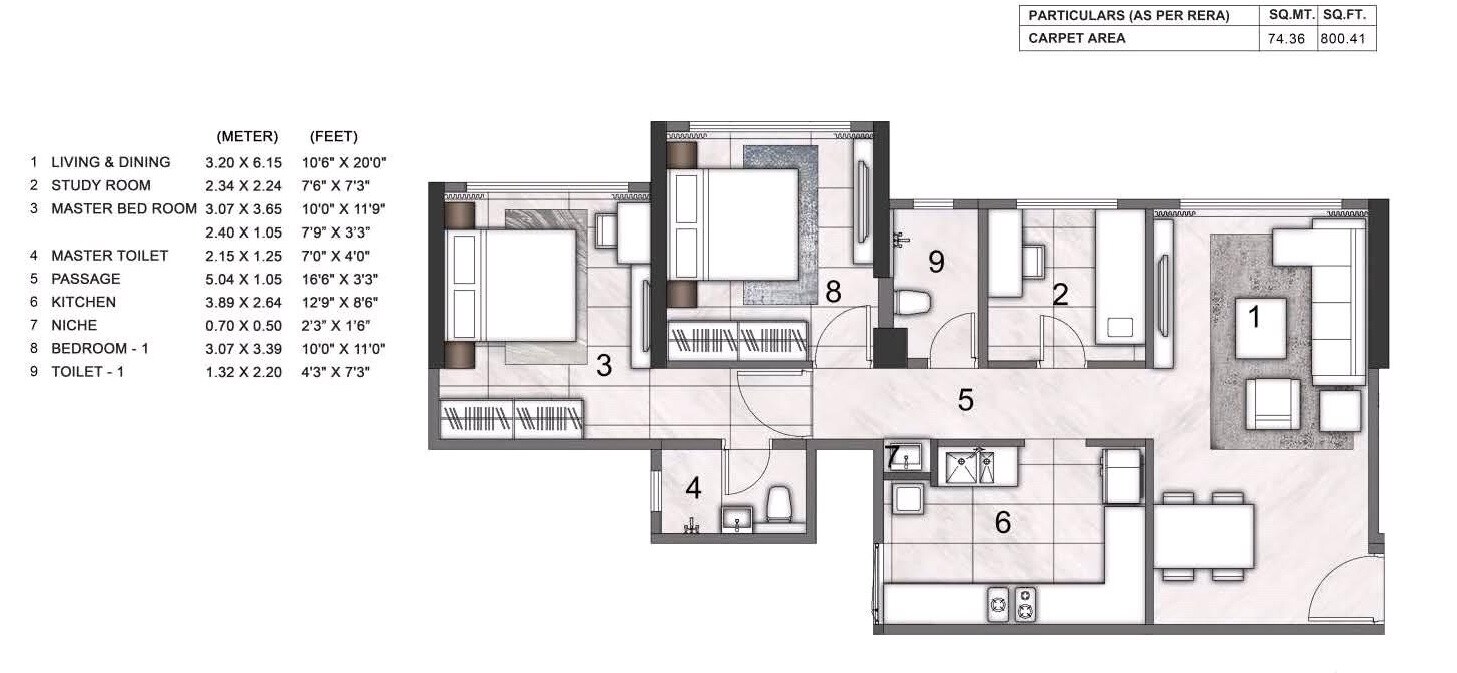 Floor plan of 2 BHK Apartment - 800 sq. ft. in Rustomjee Pinnacle, Mumbai