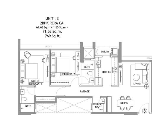 Floor plan of 2 BHK 769 Sq. Ft. Apartment in Rustomjee Reserve, Mumbai