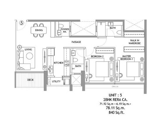 Floor plan of 2 BHK 840 Sq. Ft. Apartment in Rustomjee Reserve, Mumbai