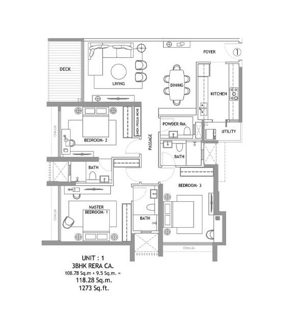 Floor plan of 3 BHK 1273 Sq. Ft. Apartment in Rustomjee Reserve, Mumbai