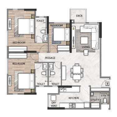 Floor plan of 3 BHK 1096 Sq. Ft. Apartment in Rustomjee Seasons, Mumbai