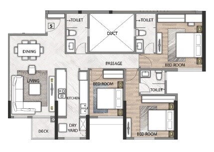 Floor plan of 3 BHK 1236 Sq. Ft. Apartment in Rustomjee Seasons, Mumbai