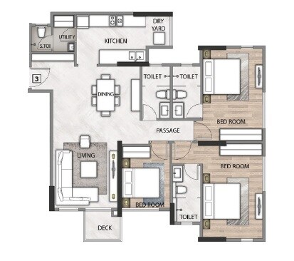 Floor plan of 3 BHK 1400 Sq. Ft. Apartment in Rustomjee Seasons, Mumbai