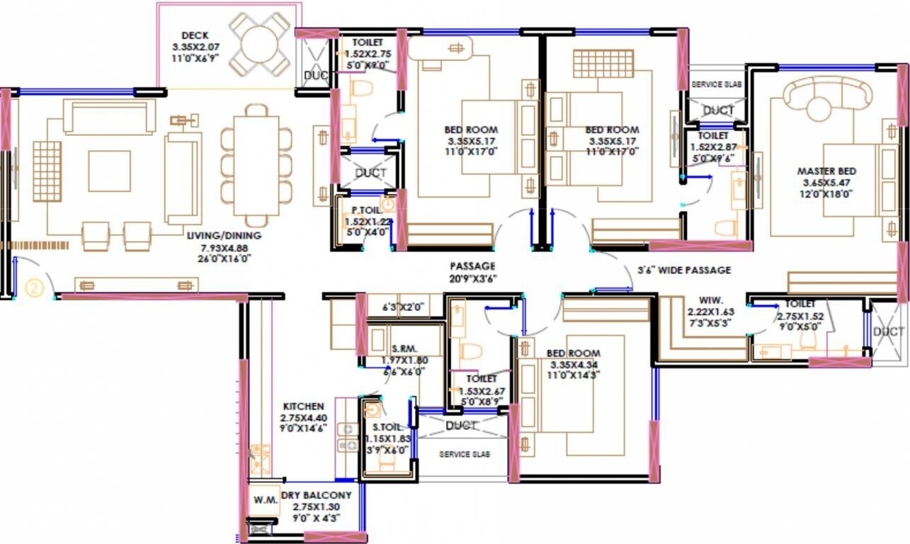 Floor plan of 4 BHK 1836 Sq. Ft. Apartment in Rustomjee Seasons, Mumbai