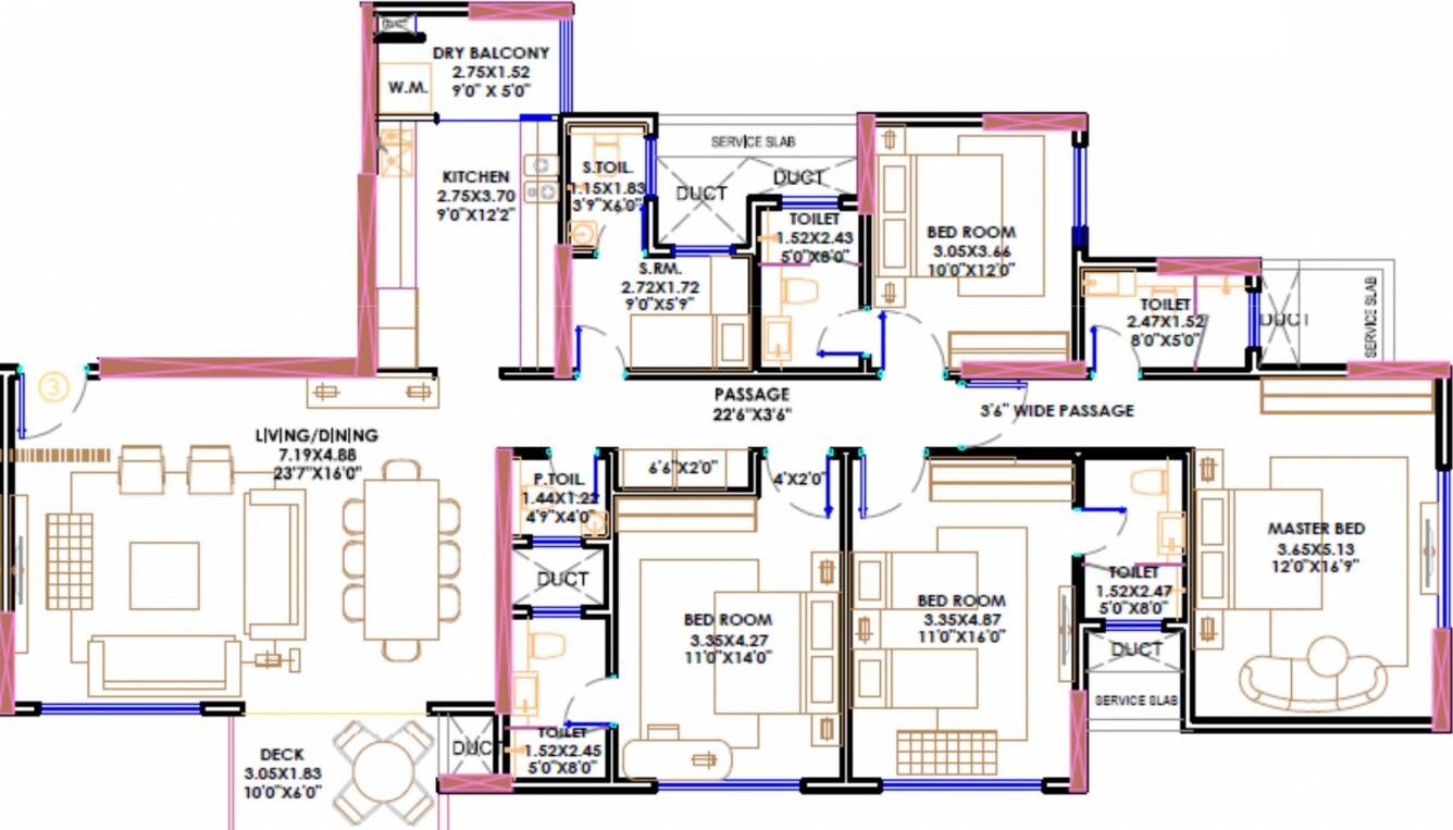 Floor plan of 4 BHK 1646 Sq. Ft. Apartment in Rustomjee Seasons, Mumbai