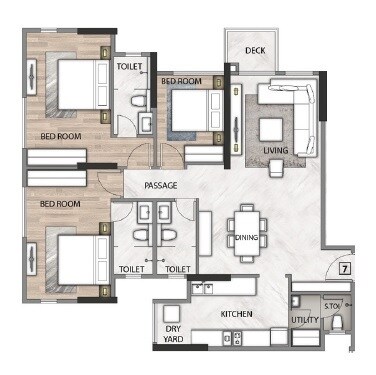 Floor plan of 3 BHK 1064 Sq. Ft. Apartment in Rustomjee Seasons Bandra East, Mumbai