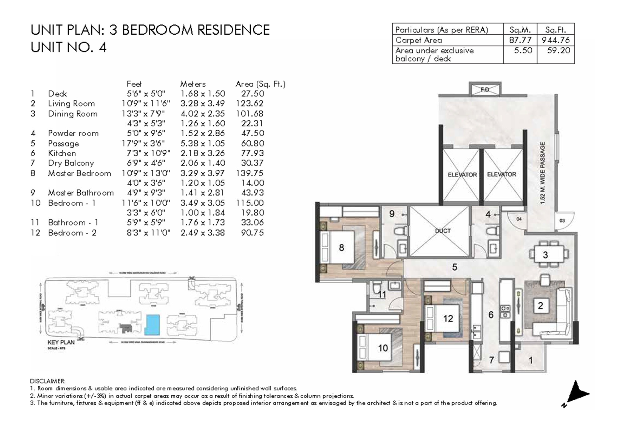 Floor plan of 3 BHK 945 Sq. Ft. Apartment in Rustomjee Seasons Bandra East, Mumbai