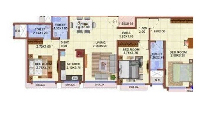 Floor plan of 3 BHK 904 Sq. Ft. Apartment in S D Bhalerao Vijay Lenyadri, Mumbai
