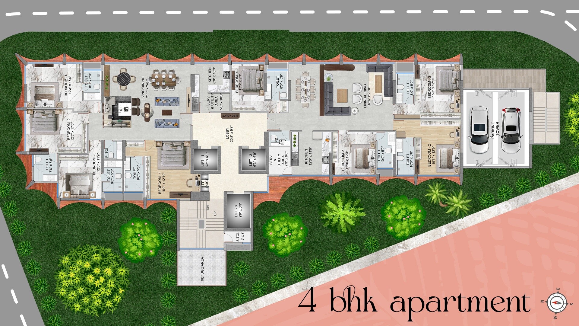 Floor plan of 4 BHK 1475 Sq. Ft. Apartment in S Jadhwani Pinnacle, Mumbai