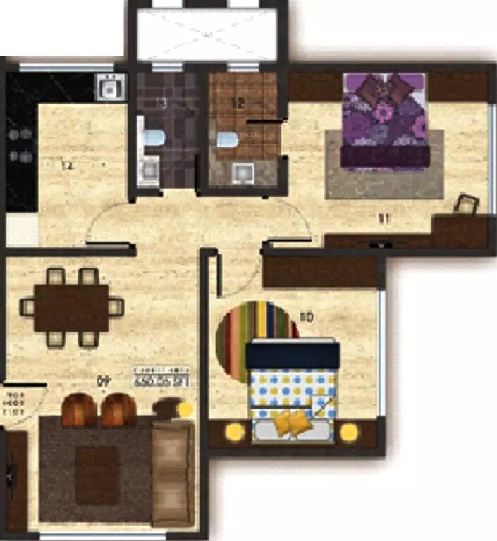Floor plan of 2 BHK 1073 Sq. Ft. Apartment in S Jadhwani Soham Krimson Spelandor, Mumbai