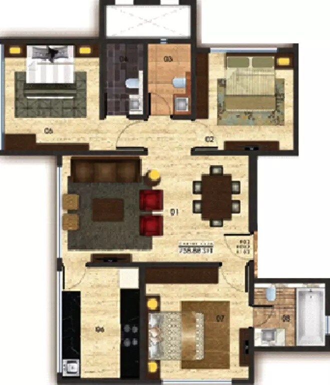Floor plan of 3 BHK 1287 Sq. Ft. Apartment in S Jadhwani Soham Krimson Spelandor, Mumbai