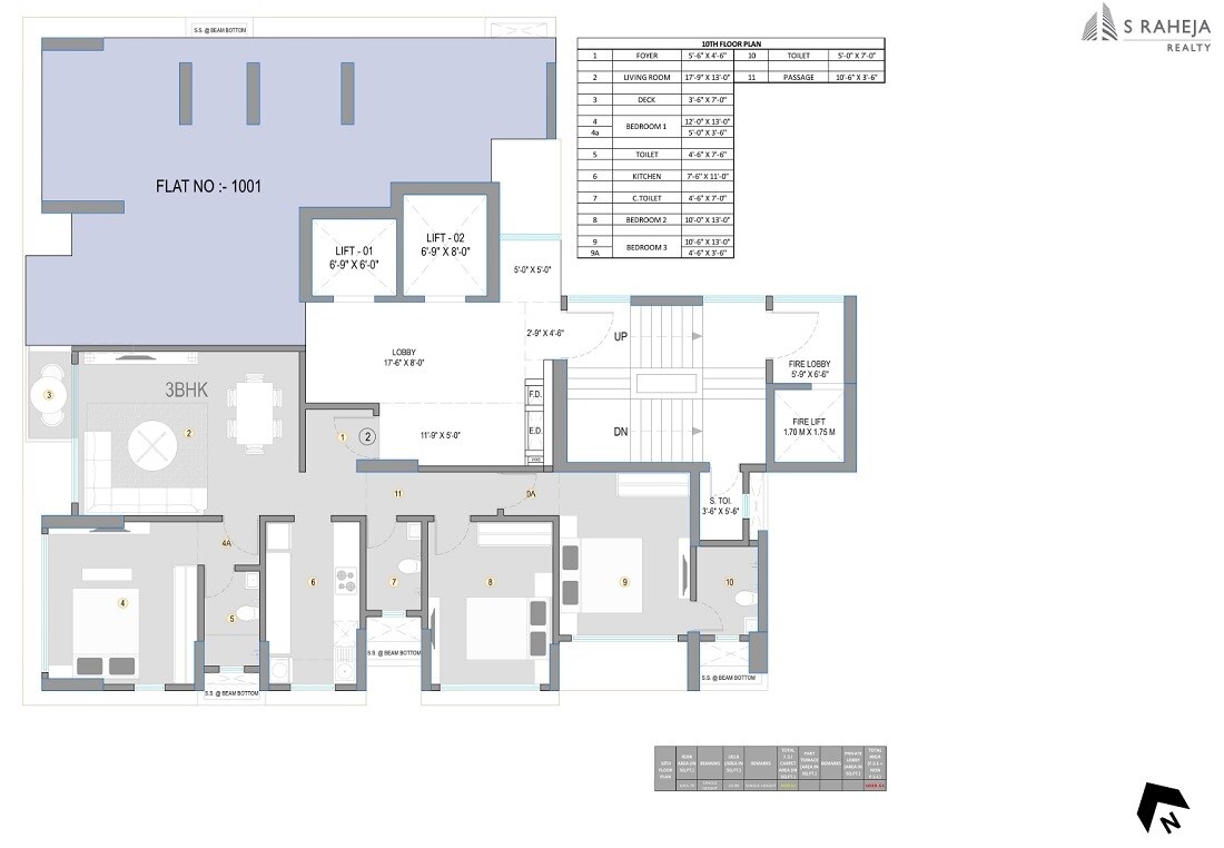 Floor plan of 3 BHK 1040 Sq. Ft. Apartment in S Raheja Avisa, Mumbai