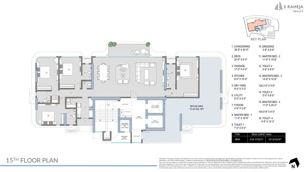 Floor plan of 4 BHK 2125 Sq. Ft. Apartment in S Raheja Evergreen, Mumbai