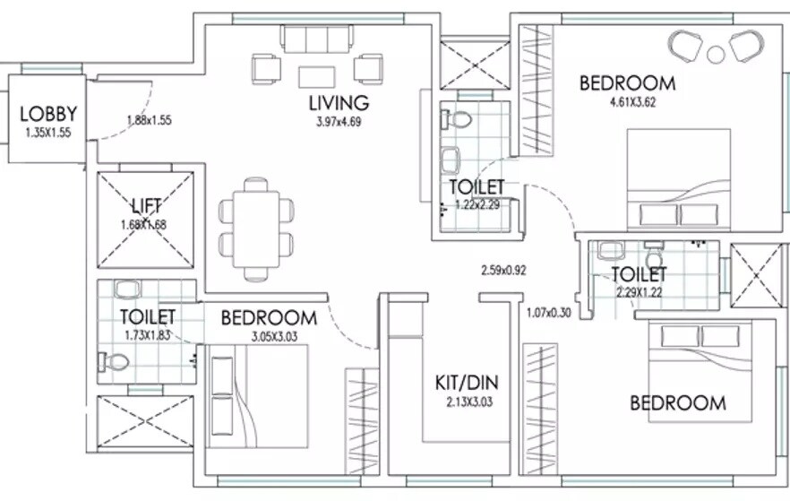 Floor plan of 3 BHK 850 Sq. Ft. Apartment in S Raheja Hari Bhavan, Mumbai