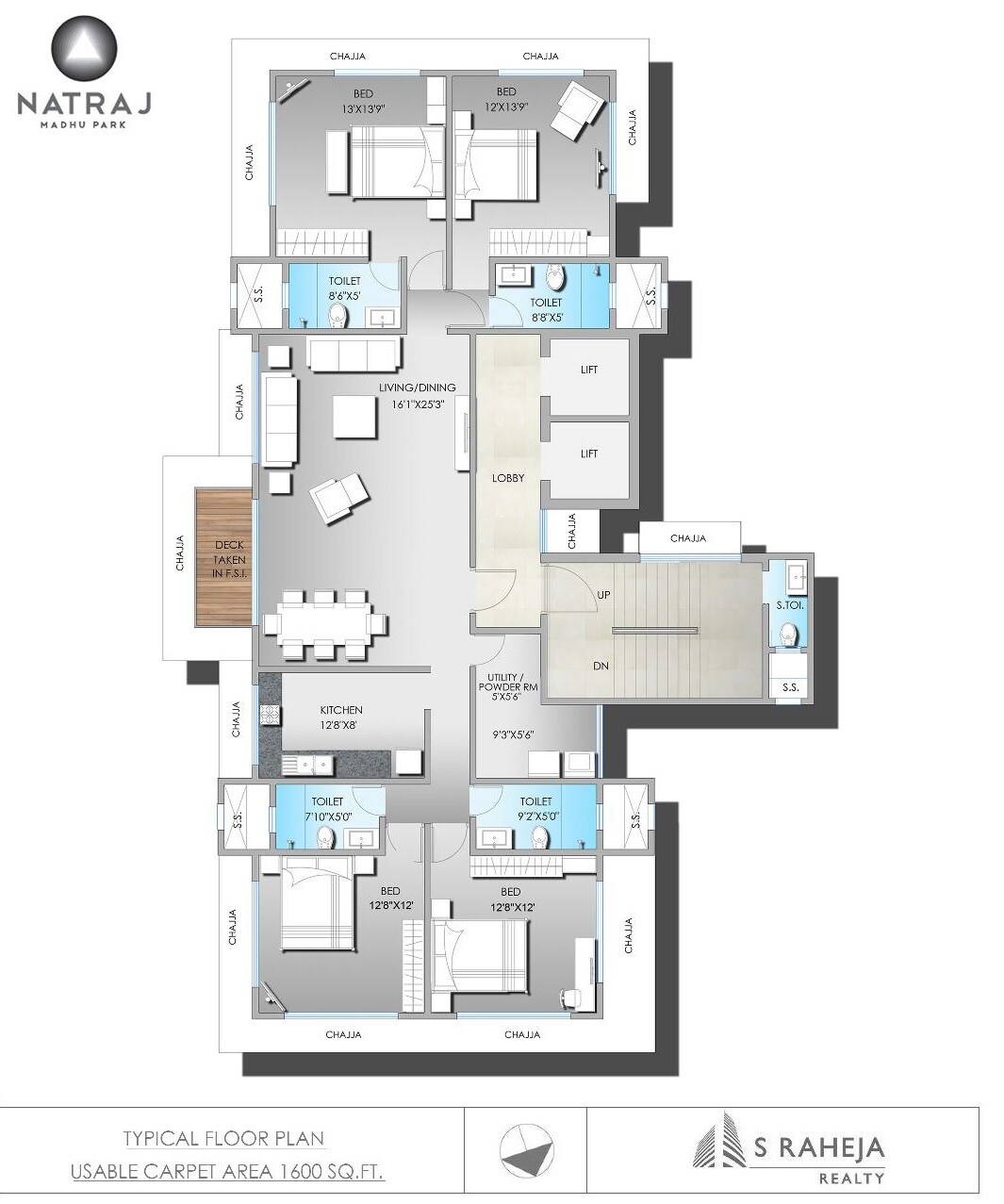 Floor plan of 4 BHK 1600 Sq. Ft. Apartment in S Raheja Natraj, Mumbai