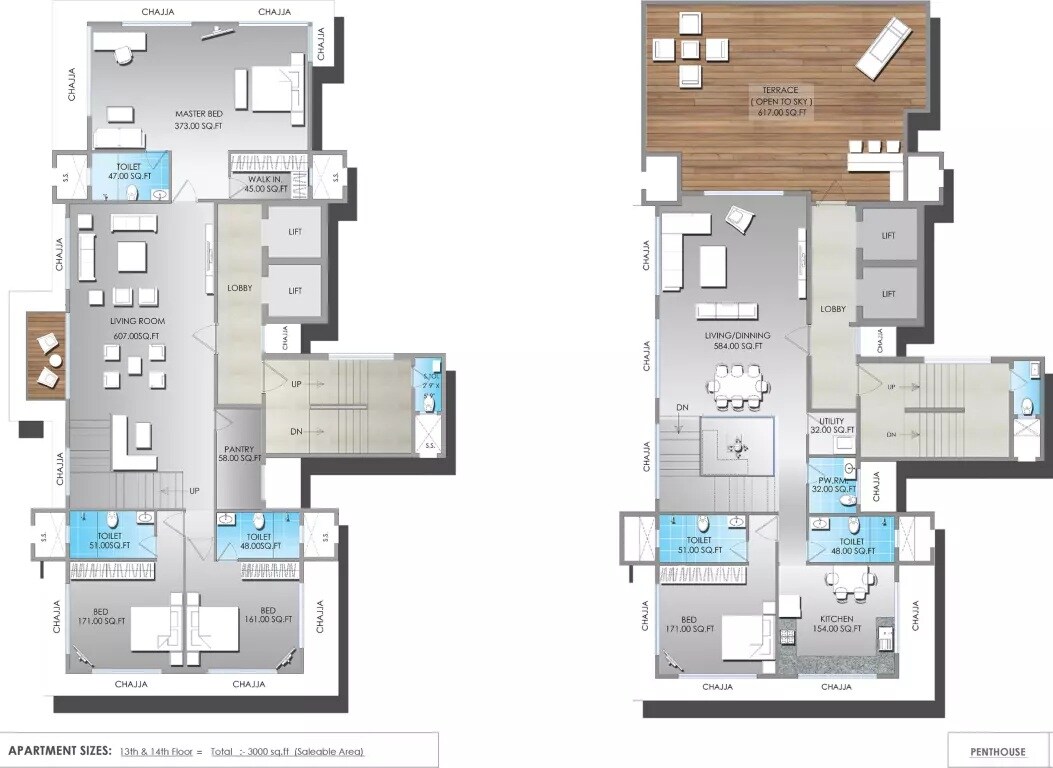 Floor plan of 4 BHK 3000 Sq. Ft. Penthouse in S Raheja Natraj, Mumbai