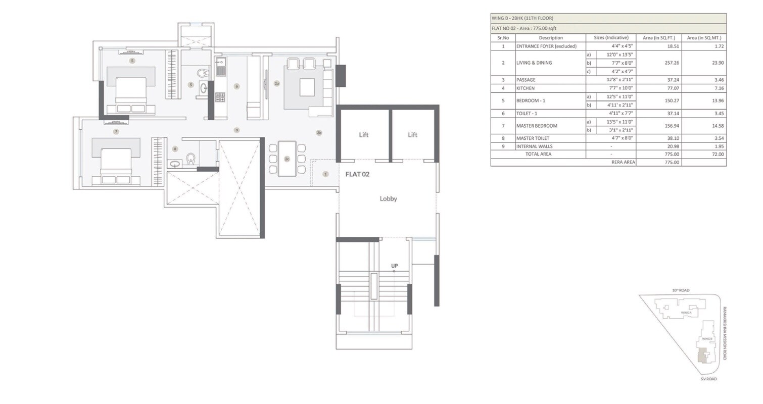 Floor plan of 2 BHK 775 Sq. Ft. Apartment in S Raheja New Light, Mumbai