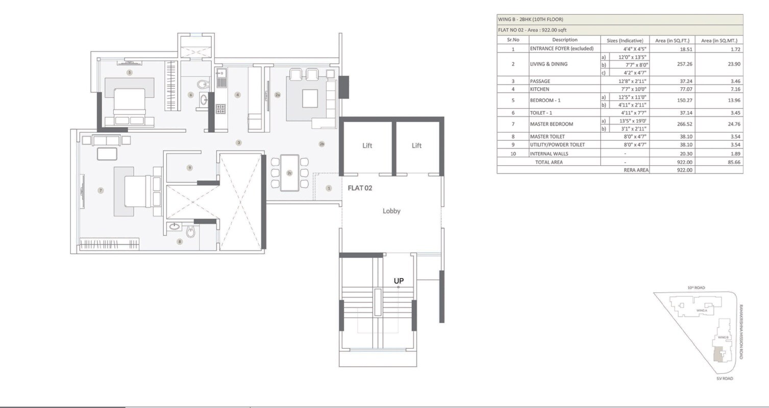 Floor plan of 2 BHK 922 Sq. Ft. Apartment in S Raheja New Light, Mumbai