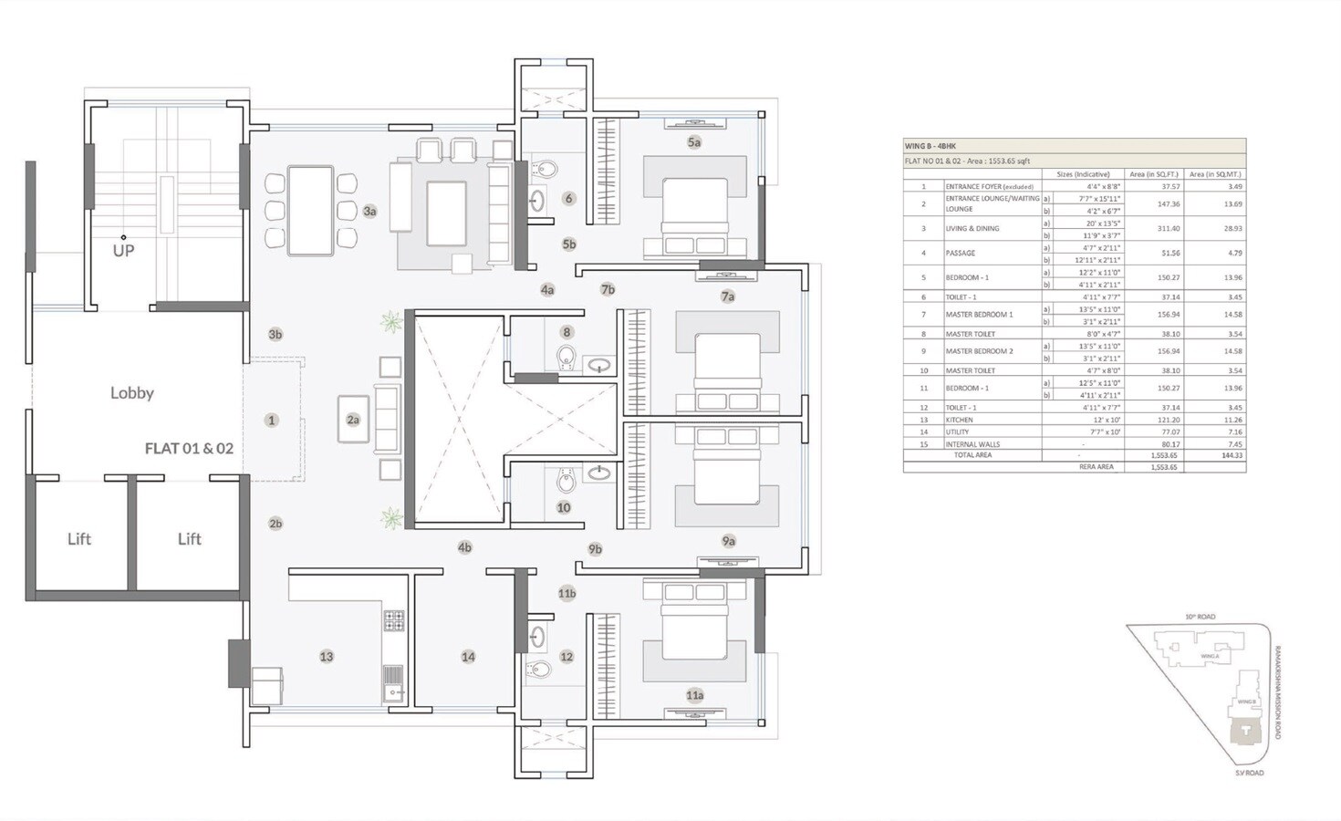Floor plan of 4 BHK 1554 Sq. Ft. Apartment in S Raheja New Light, Mumbai