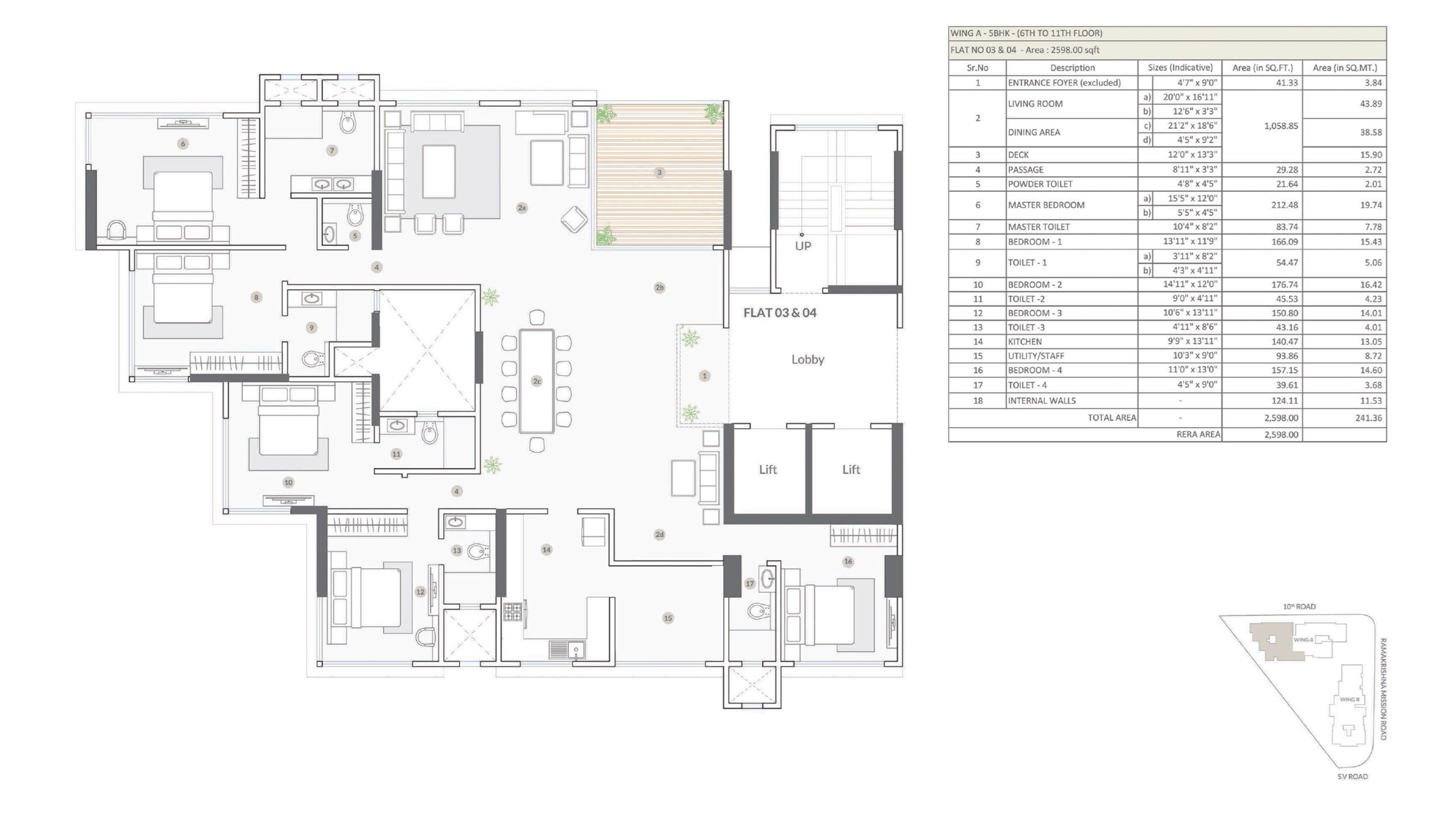 Floor plan of 5 BHK 2598 Sq. Ft. Apartment in S Raheja New Light, Mumbai