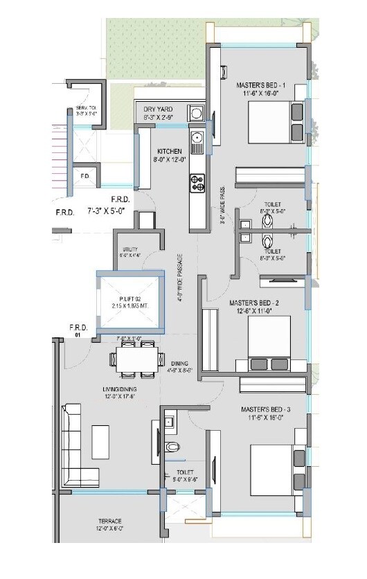Floor plan of 3 BHK 1259 Sq. Ft. Apartment in S Raheja Panorama, Mumbai