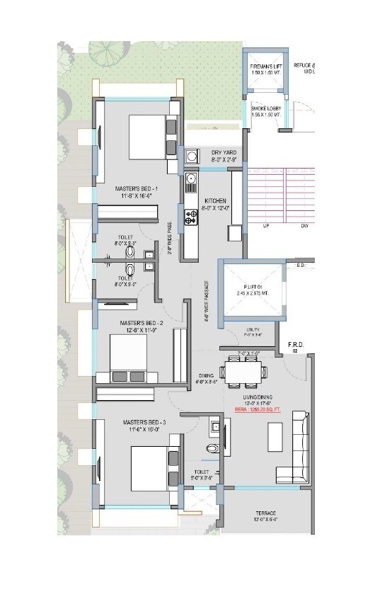 Floor plan of 3 BHK 2520 Sq. Ft. Apartment in S Raheja Panorama, Mumbai