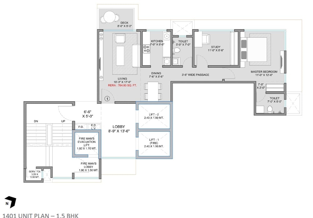 Floor plan of 1 BHK 765 Sq. Ft. Apartment in S Raheja Silver Rock, Mumbai