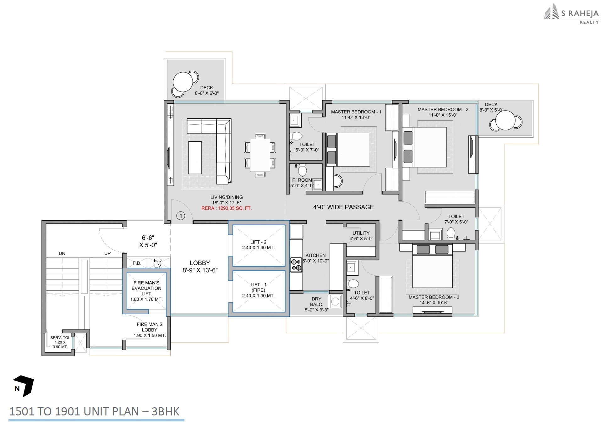 Floor plan of 3 BHK 1293 Sq. Ft. Apartment in S Raheja Silver Rock, Mumbai