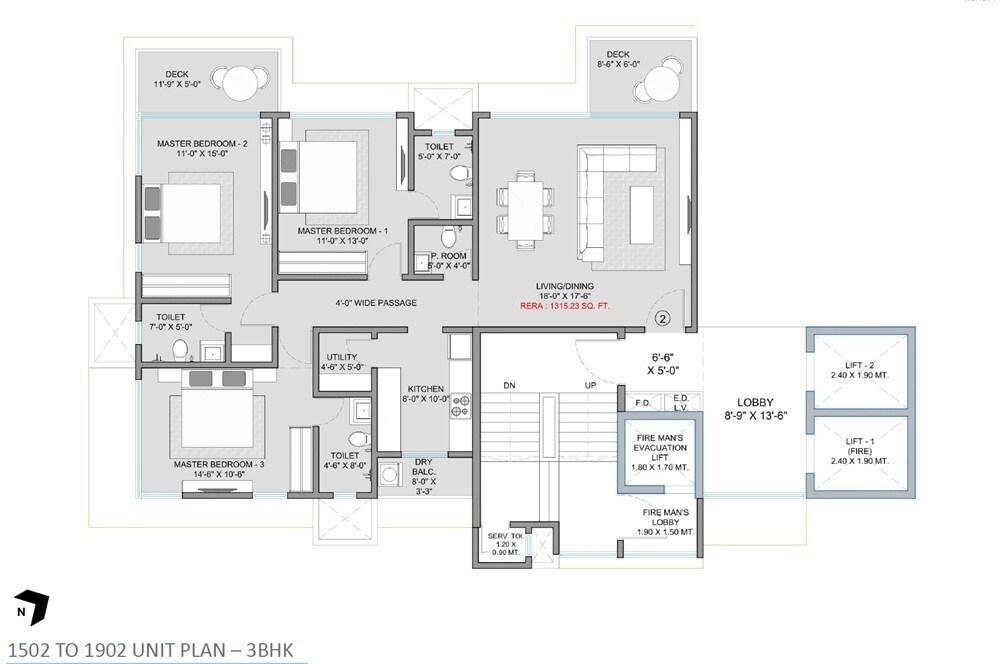 Floor plan of 3 BHK 1315 Sq. Ft. Apartment in S Raheja Silver Rock, Mumbai