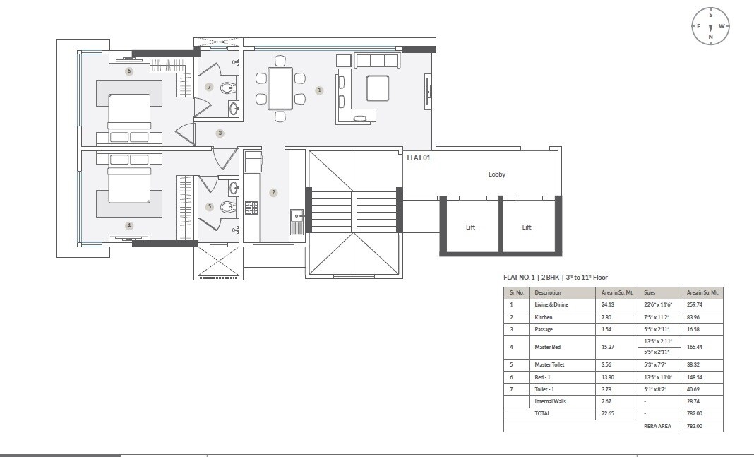 Floor plan of 2 BHK 782 Sq. Ft. Apartment in S Raheja Z 16, Mumbai