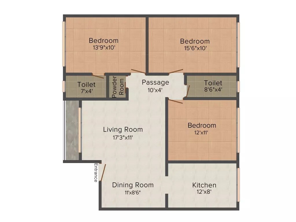 Floor plan of 3 BHK 1020 Sq. Ft. Apartment in S Rhaeja Gurukripa, Mumbai