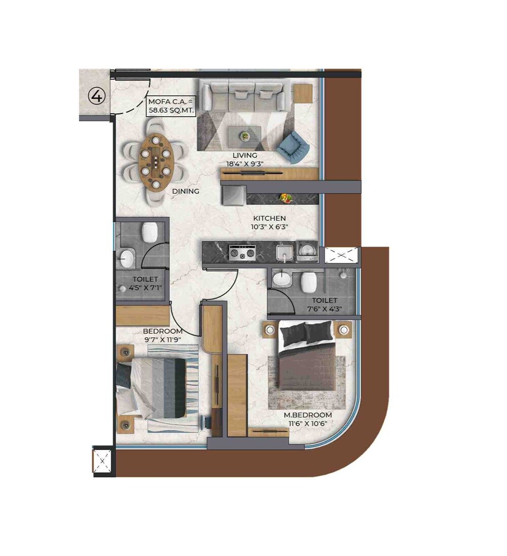 Floor plan of 2 BHK 631 Sq. Ft. Apartment in Saafi Duldul Heights, Mumbai