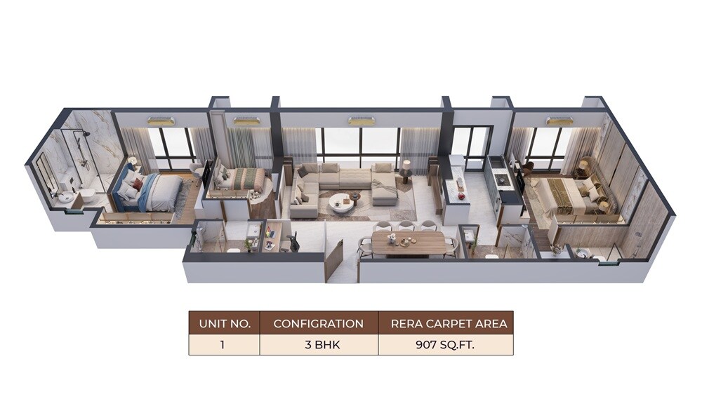Floor plan of 3 BHK 907 Sq. Ft. Apartment in Saafi Duldul Heights, Mumbai