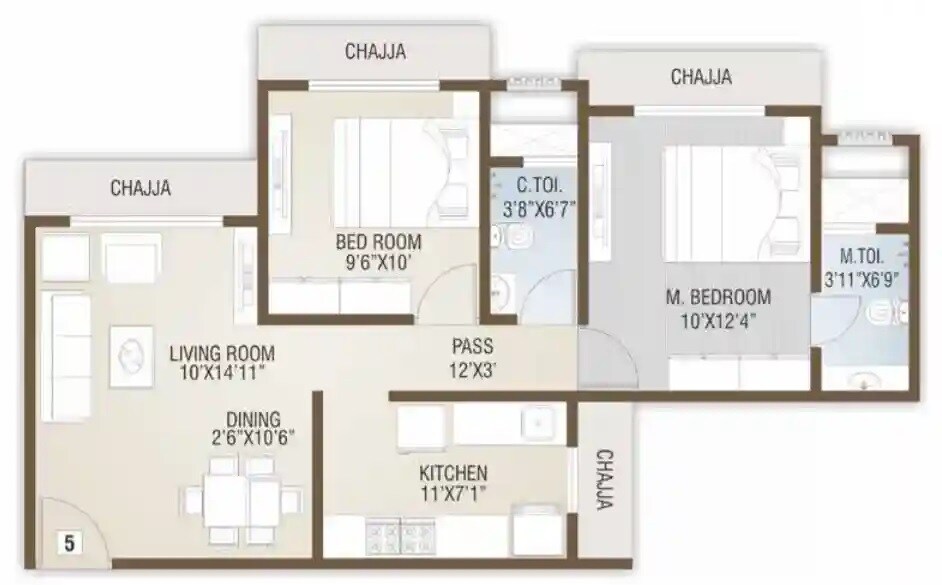 Floor plan of 2 BHK 570 Sq. Ft. Apartment in Saaga Shri Sai Vishram CHS Ltd, Mumbai