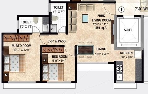 Floor plan of 2 BHK 860 Sq. Ft. Apartment in Saaga The Shiv Shakti Enclave, Mumbai
