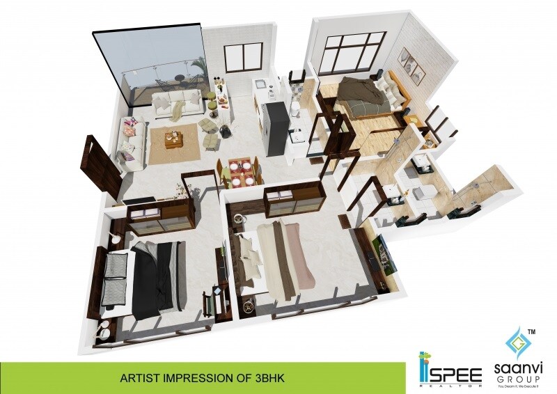 Floor plan of 3 BHK 960 Sq. Ft. Apartment in Saanvi Spee Towers, Mumbai