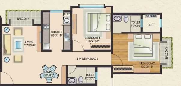 2 BHK 1260 Sq. Ft. Apartment